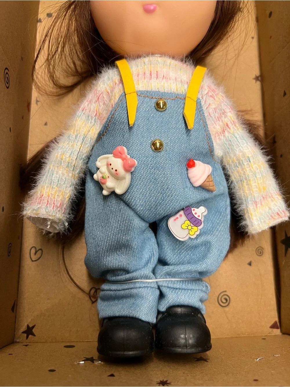 New, Mia Potato Doll in Pastel Striped Hat and Blue Overalls